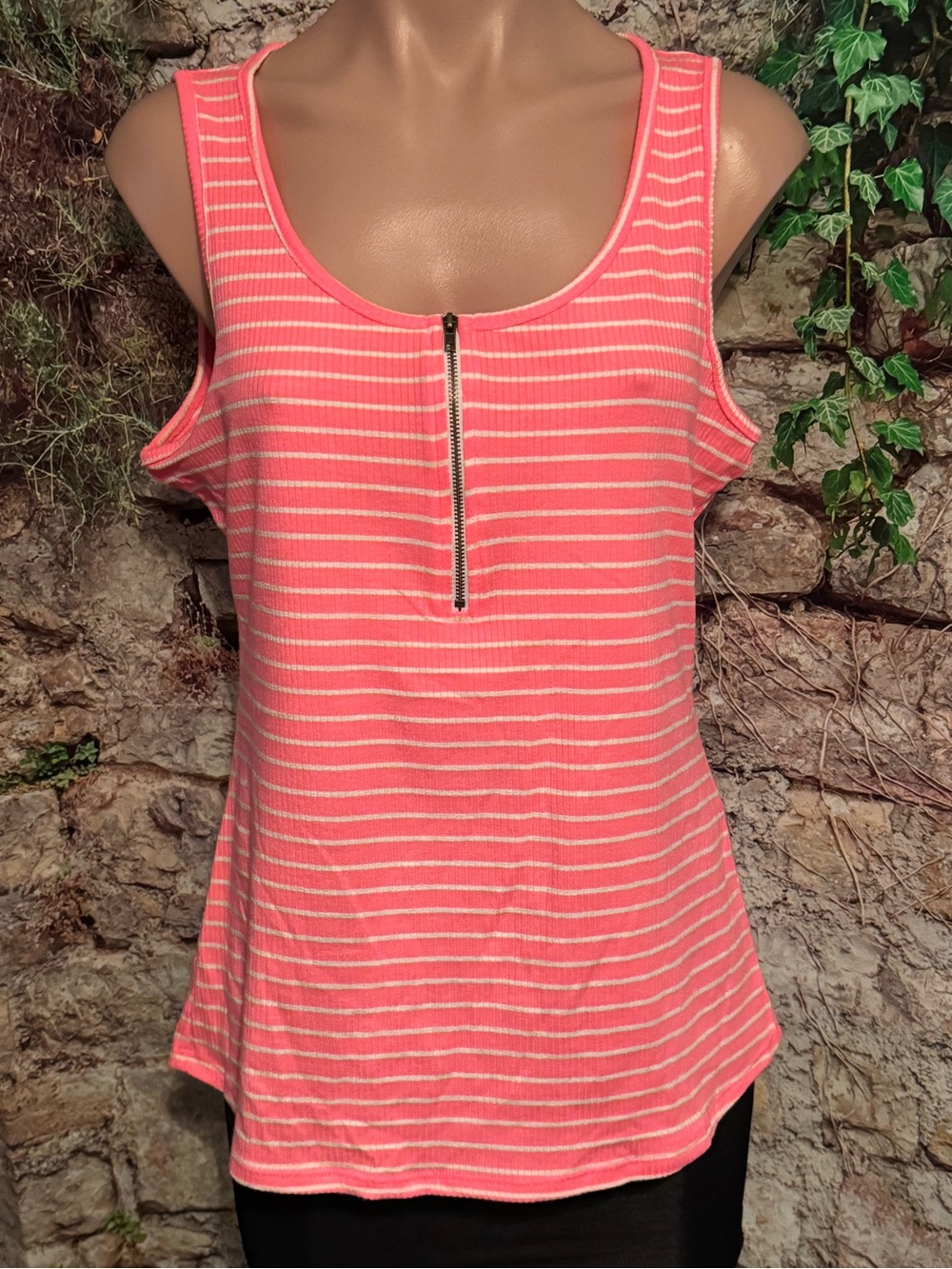 Coral Pink Striped Tank with Front Zip